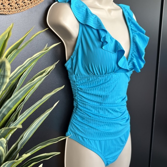 Into The Bleu V-neck ruffle, drape waist,keyhole tie back knot, one piece swim - Picture 4 of 9